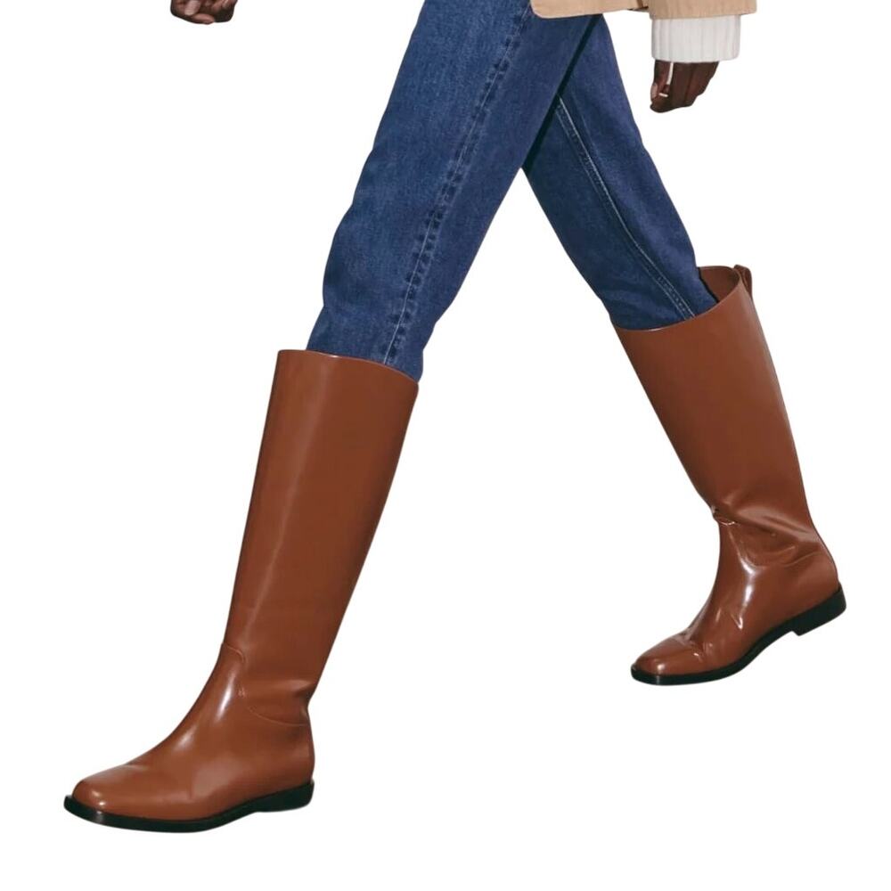 Everlane Cognac Brown Smooth Leather Soft Square Toe Pull On Tall Riding Boots